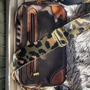 Louis Vuitton Brown Leather Crossbody Bag with Vibrant Patterned Strap